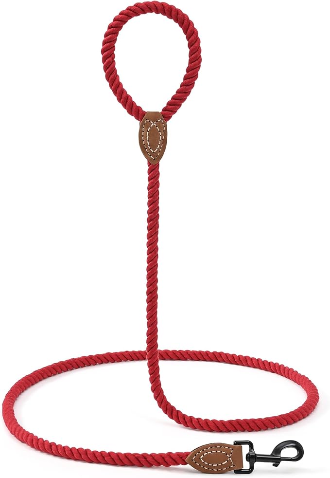Mile High Life Dog Leash, Braided Cotton Rope Leashes with Leather Tailor Tip with Leather Tip - Heavy Duty Metal Clasp, 5FT, 1/2" Thick - Wedding, Walking Leash for Medium Large Dogs(Red)