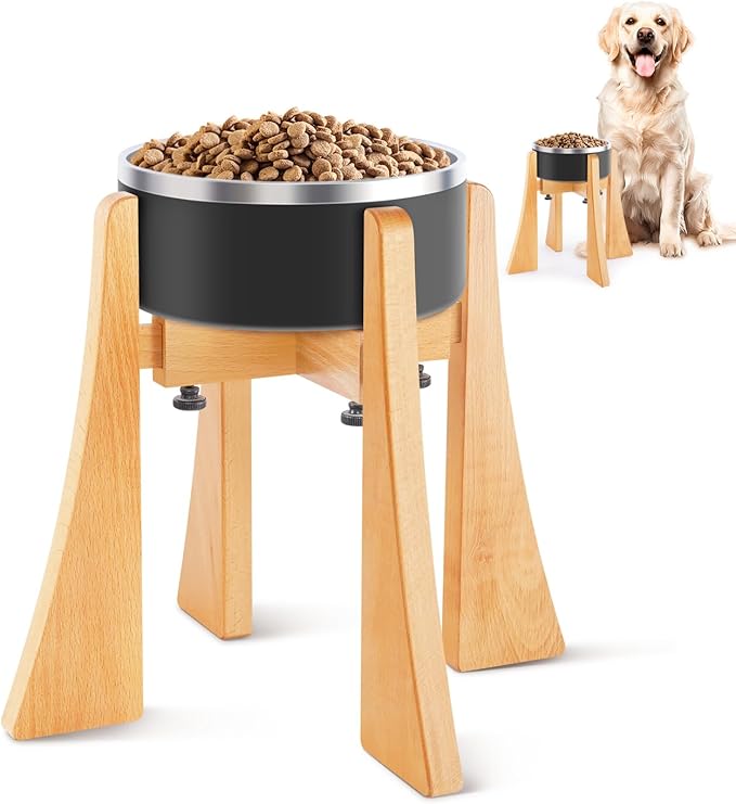 Elevated Dog Bowl - Nature Beech Wood Stand 12-inch High Neck-Protecting Raised Stand with Durable Stainless Steel Bowl for Large Sized Dog Non Toxic Pet-Friendly Feeder