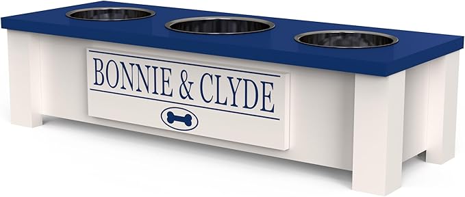 GTW Personalized Elevated Triple Dog Bowl Stand for Large, Medium, Small, X-Small Dogs - 3 Stainless Steel Food and Water Bowls - Raised Dog Dish with Internal Storage (Small, Blue)