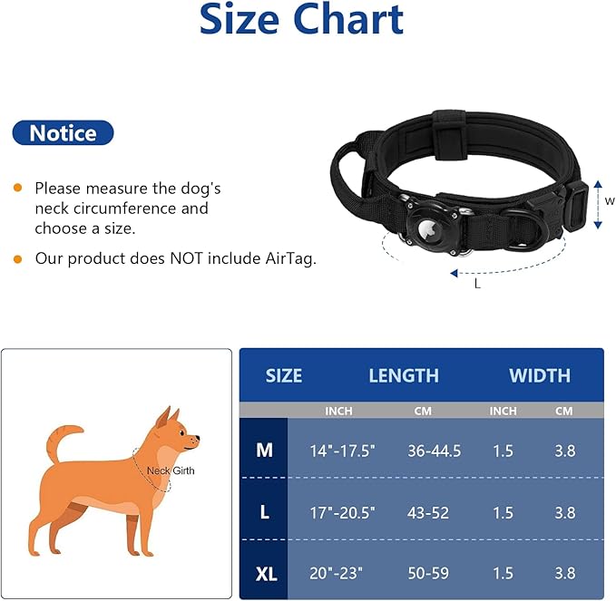 Tactical AirTag Dog Collar - Heavy Duty, Adjustable GPS Collar Compatible with Integrated 100% Waterproof Apple AirTag Holder & Control Handle for Medium/Large Dogs (Black,XL)