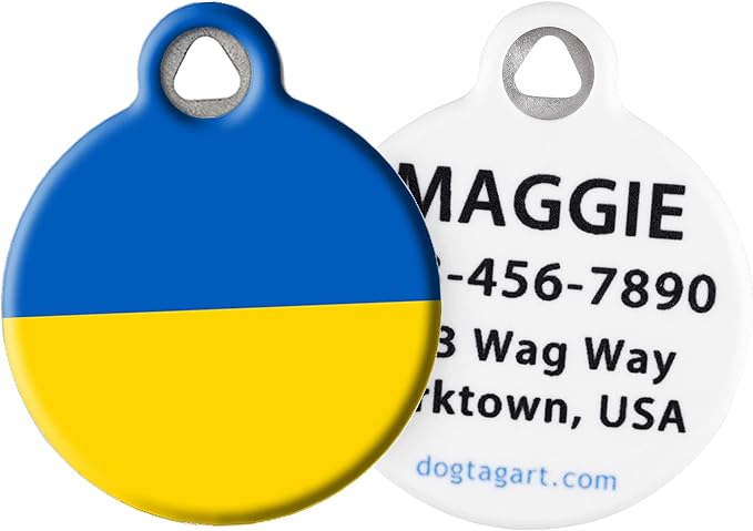 Dog Tag Art Ukrainian Flag Personalized Pet ID Tag for Dogs and Cats, Silent Flag of Ukraine Dog Tag with Customized Identification Information - Large 1.25" Diameter