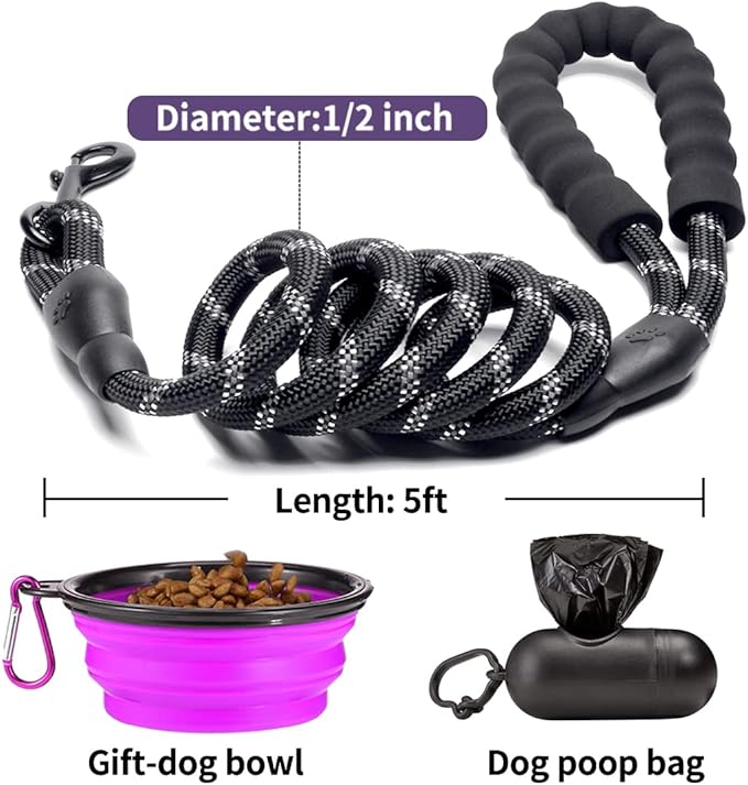 COOYOO 2 Pack Dog Leash 5 FT Heavy Duty - Comfortable Padded Handle - Reflective Dog Leash for Medium Large Dogs with Collapsible Pet Bowl