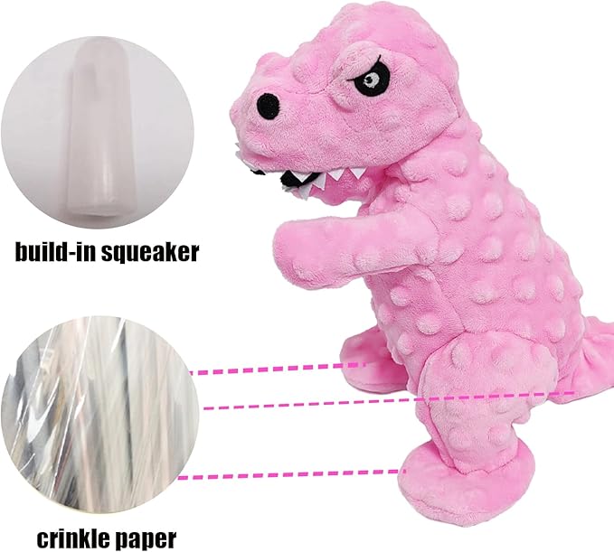 LWBMG Squeaky Dog Toys Stuffed Dog Toys Cute Dinosaur Plush Dog Toy with Crinkle Paper Durable Dog Chew Toys for Small, Middle and Large Dogs Pink