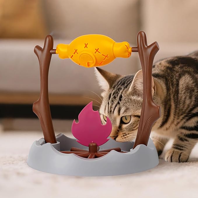 Cat Treat Dispenser, Pets Dry Foods Dispenser, Cats Campfire Treat Slow Feeder, Unique Rotatable Roast and Flame, Interactive Slow Food Puzzle Feeder for Indoor Cats and Dogs