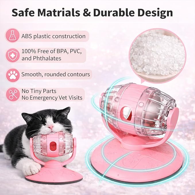 Cat Treat Dispenser Toy, Slow Feeder for Dry Food & Treats, Interactive Rotating Barrel Cat Toys for Indoor Cats &Puppies, Kitten Enrichment Funny Toy(Pink)