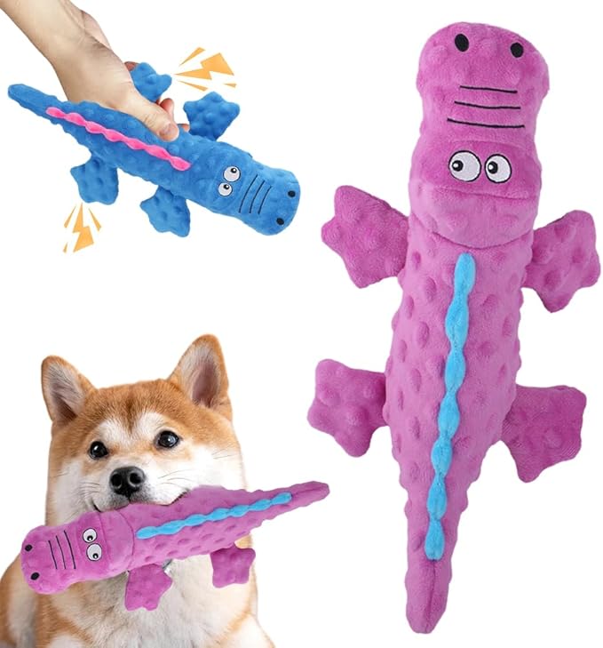Indestructible Plush Dog Toy for Aggressive Chewers, Boredom Relief Squeaker Chew Toy with Double Fabric, Durable Crocodile Teething Toy for Large Medium Small Dogs (Green)