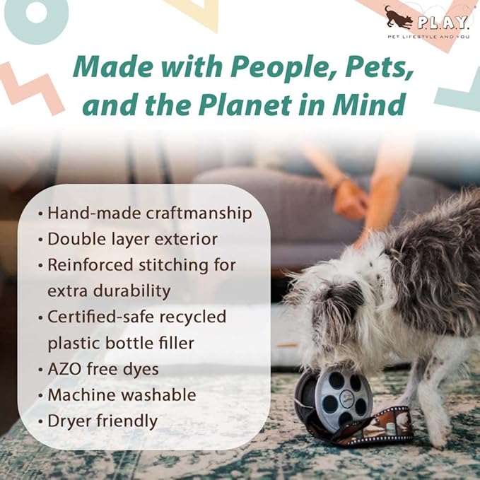 P.L.A.Y. Cute Plush Dog Toys - Hollywoof Cinema, Movie Themed Durable Squeaker Chew Toy, Great for Puppies & Small, Medium, Large Dog Breeds - Machine Washable, Recycled Materials (Momo's Movie Reel)