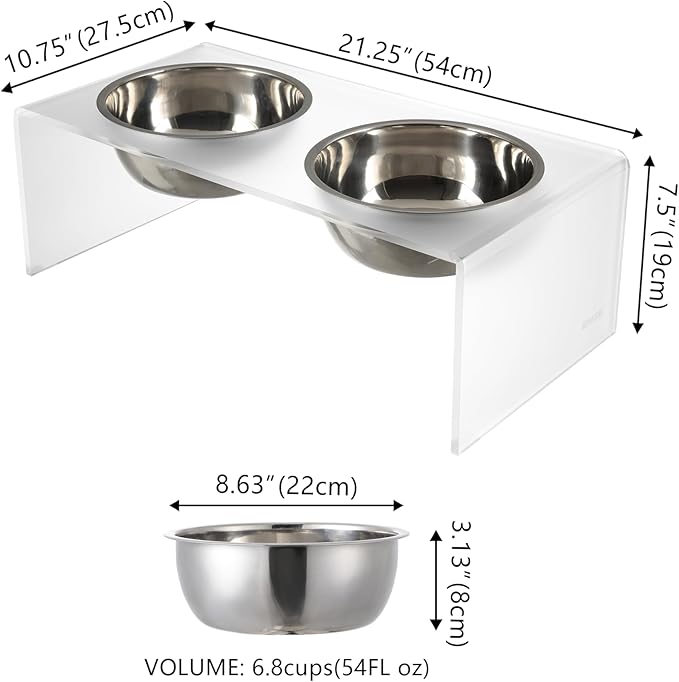 The LICKER Store DBL2001K Keaton 7.5" Medium/Large Modern Acrylic Rectangular Elevated Pet Feeder with 54oz 2-Stainless Steel Bowls, Moon White/Chrome