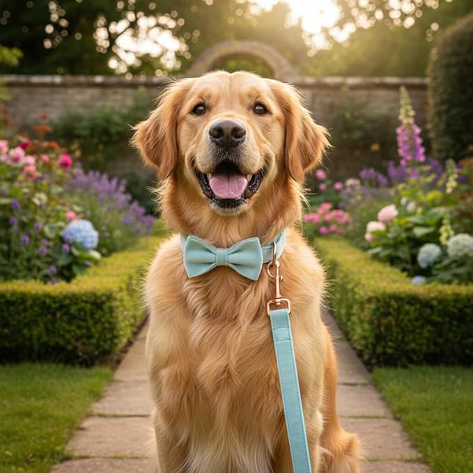 PETDURO Custom Dog Collar Personalized with Name Engraved Quick Release Rose Gold Metal Buckle for Large Medium Small Girl Dogs - Dog Leash and Bow Tie Available - Soft Comfy Velvet (Mint Blue, S)
