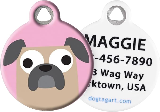 Dog Tag Art Buggy Pug Girl Personalized Pet ID Tag for Dogs, Silent Polymer Coated Stainless Steel Nametag - Large 1.25" Diameter