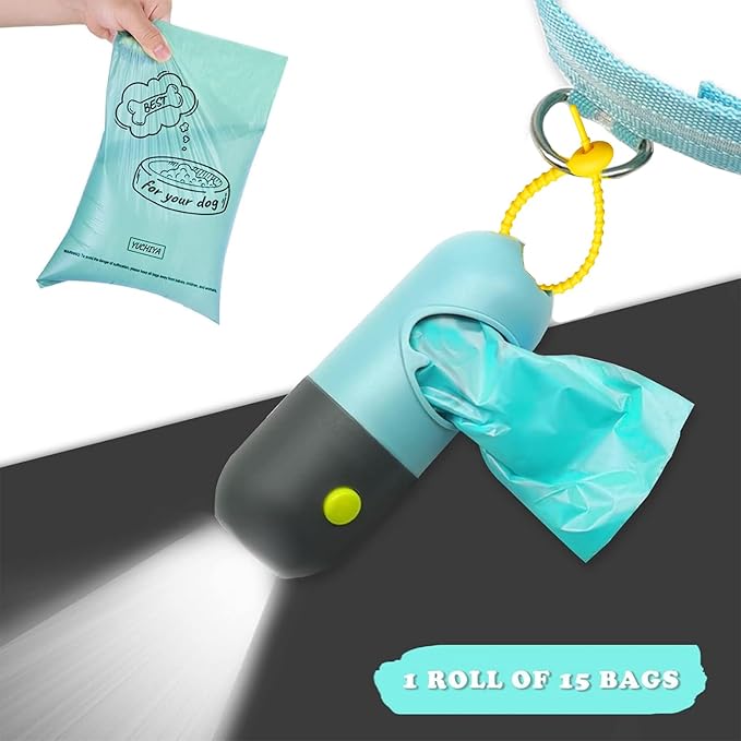 Dog Poop Waste Bags Holder with LED Flashlight|Cute Doggie Poo Bags Dispenser for Pet Leash|Trash Waste Bags Carrier with Potty Bags Clip Fastener LR44 Button Cells Included(2 Pack) (Crystal Blue)