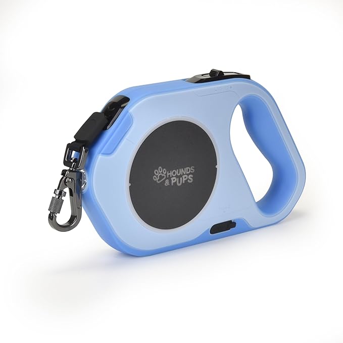 Hounds & Pups Retractable Dog Leash, 15 ft Length, LED Light for Night Walks (Blue)