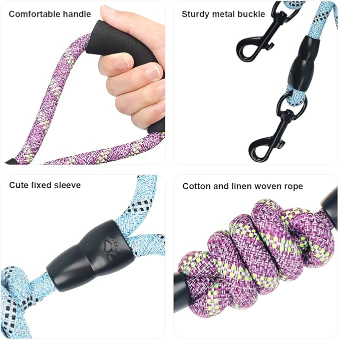 Dual Dog Leash 360° Tangle-Free - Reflective Heavy Duty, Comfortable Handle for Small/Medium/Large Dogs, Support Multiple Rope Addition (Purple 1, Four Leashes)