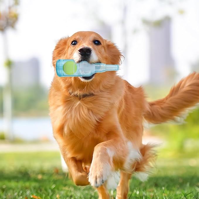 Drkicsy Pet Chew Beer Bottle with Tennis Ball Dog Chew Toy, Water Bottle Interactive Dog Toys for Chewing and Playing, Crunch and Play Bottle Dogs Toy with Squeaky Sound (Blue, Small)