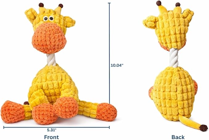 Dog Squeaky Plush Toy with Rope - Durable Stuffed Dog Toy with Built-in Squeaker, Interactive Chew Toy for Small, Medium & Large Dogs (Orange Giraffe)