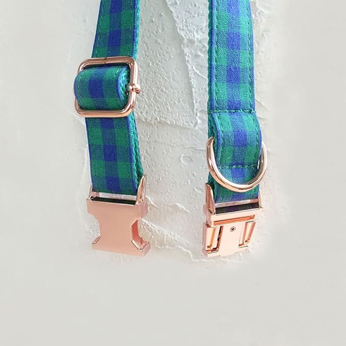 PETDURO Personalized Checkered Plaid Dog Collar Green Blue - Engraved Name and Phone Number on Gold Metal Buckle - Custom for Small Medium Large Boy Girl Dogs - Add Leash Bow Tie via Customize Now