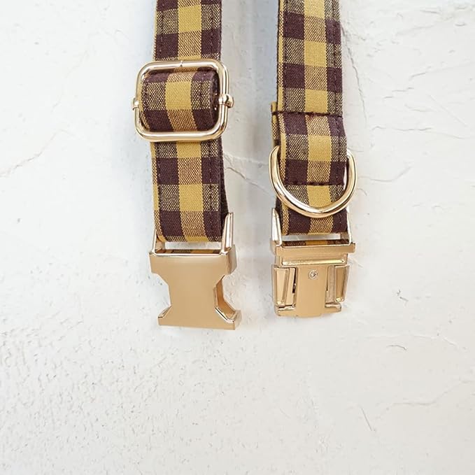 PETDURO Personalized Checkered Plaid Dog Collar Brown Yellow - Engraved Name and Phone Number on Gold Metal Buckle - Custom for Small Medium Large Boy Girl Dogs - Add Leash Bow Tie via Customize Now