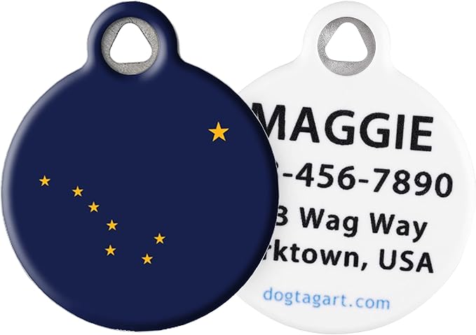 Dog Tag Art Alaskan State Flag Personalized Pet ID Tag for Dogs and Cats, Silent Polymer Coated Stainless Steel Alaska Nametag with Customized Identification Information - Large 1.25" Diameter