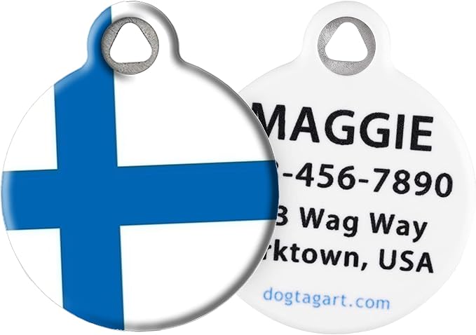 Dog Tag Art Finnish Flag Personalized Pet ID Tag for Dogs and Cats, Silent Polymer Coated Stanless Steel Finland National Flag Nametag with Customized Identification Information - Small .875" Diameter