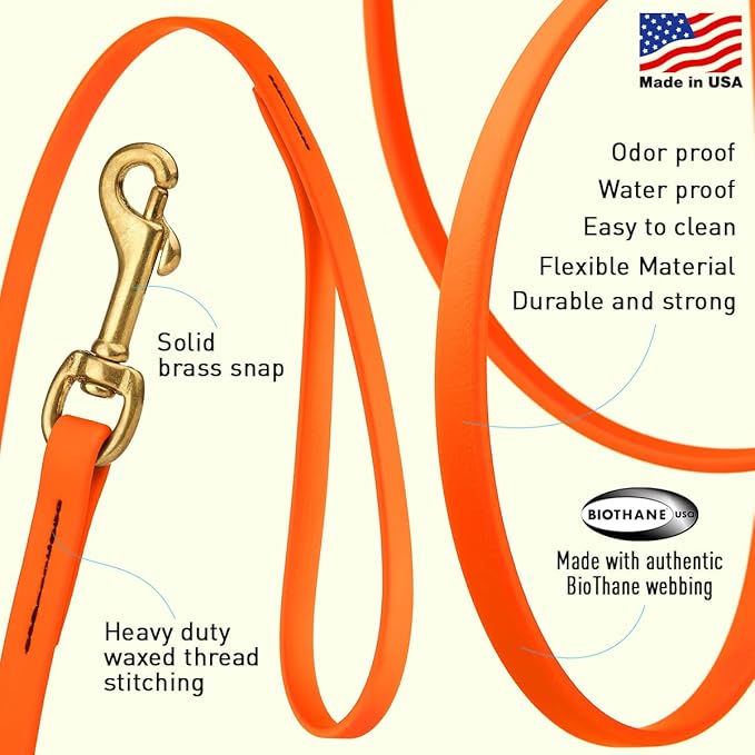Viper K9 Biothane Working Dog Leash Waterproof Lead for Tracking Training Schutzhund Dog Sport & Search - Odor-Proof Long Line with Solid Brass Snap for Puppy Medium and Large 1/2" x 10ft HunterOrange