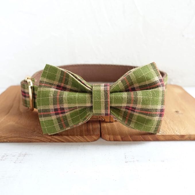 PETDURO Personalized Plaid Dog Collar Tree Green - Engraved Name and Phone Number on Gold Metal Buckle - Custom for Small Medium Large Boy Girl Dogs - Add Leash Bow Tie via Customize Now