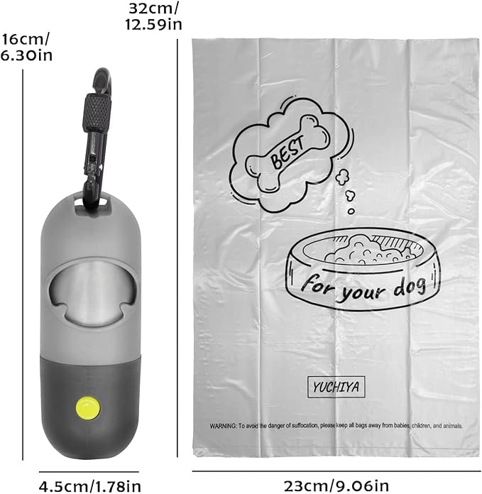 Dog Poop Waste Bags Holder with LED Flashlight|Cute Doggie Poo Bags Dispenser for Pet Leash|Trash Waste Bags Carrier with Potty Clip Fastener LR44 Button Cells Included (Grey, 2 Holder 30 Bags)