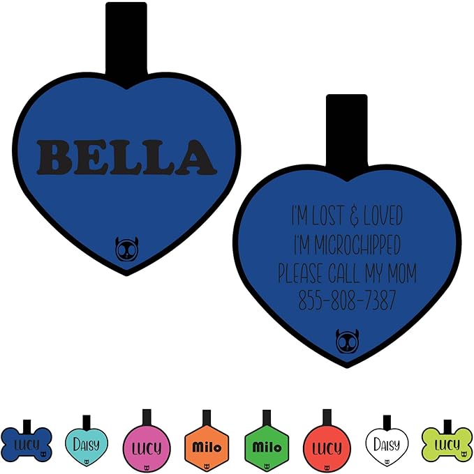 Silicone Silent Dog Tag Personalized with 5 Lines of Custom Deep Engraved Durable Soundless Pet ID Name Tag Heart Blue