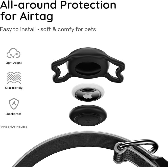 Reflective Dog Collar with Air tagholder, IPX8 Waterproof Air tagholder | Ultra-Durable | Soft Padded | Safety Locking Buckle | Fit Large Dogs (Black L(15.7"-23.6"))