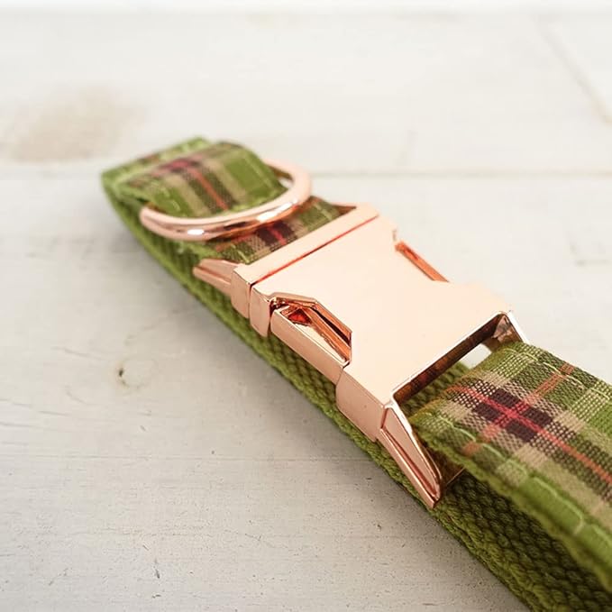 PETDURO Personalized Plaid Dog Collar Apple Green - Engraved Name and Phone Number on Rose Gold Metal Buckle - Custom for Small Medium Large Boy Girl Dogs - Add Leash Bow Tie via Customize Now