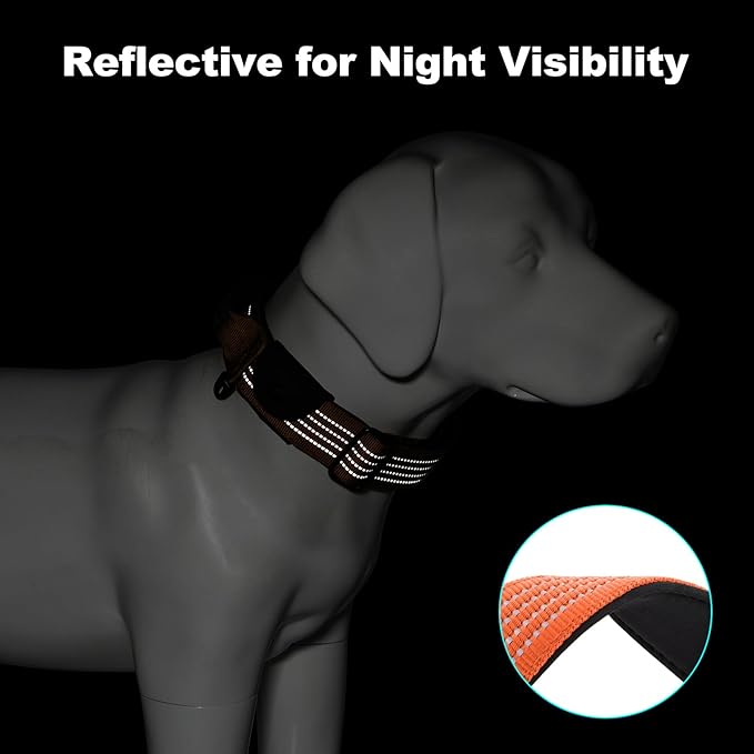 Plutus Pet Tactical Dog Collar with Tracker Pocket for AirTag, Adjustable Reflective Nylon Collar, Metal Buckle, Leather-Wrapped Handle, Soft Padded for Medium Large Dogs (Orange, L)
