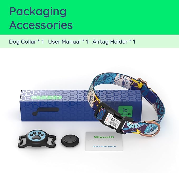 WhoseID Airtag Dog Collar,with Waterproof airtag Holder，Original Stylish Cute Pattern Design.QR Code ID Buckle，Comfortable Soft Cotton for Small Medium Large Dogs