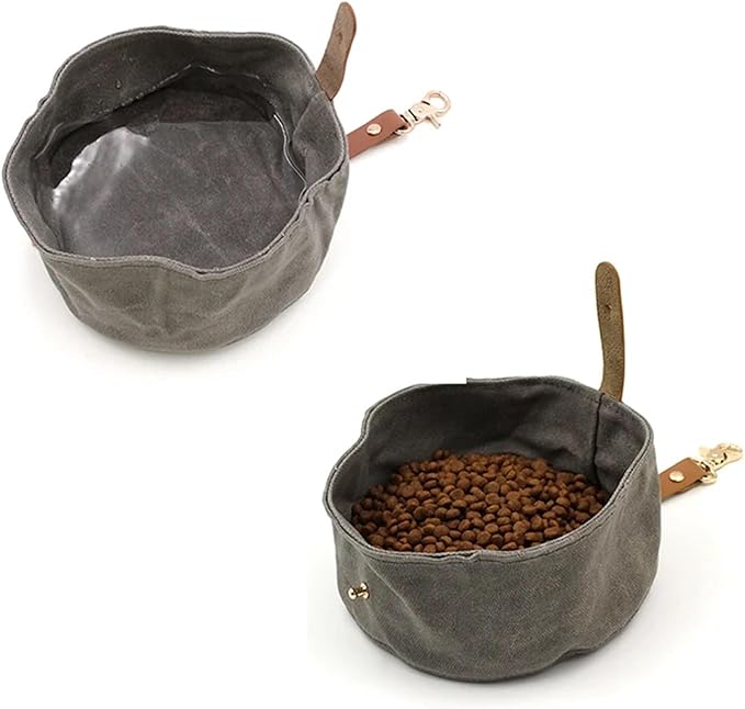 Canvas Dog Bowl, Travel Dog Food & Water Bowl, Pet Dish, Waxed Canvas(Gray)