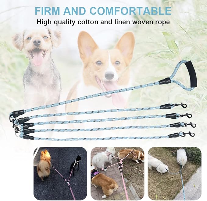 Dual Dog Leash 360° Tangle-Free - Reflective Heavy Duty, Comfortable Handle for Small/Medium/Large Dogs, Support Multiple Rope Addition (Blue 1, Four Leashes)