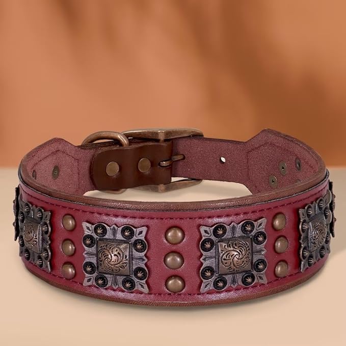 PET ARTIST Genuine Leather Dog Collar for Large Dogs, 2 inch Wide Dog Collar Leather with Rivet Studded & Metal Buckle, Soft Padded & Hand Made for Great Dane Rottweiler,Red,Neck 22-25"
