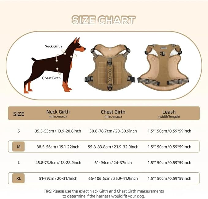 Tactical Dog Harness with Leash for Large Dogs, No Pull Adjustable Dog Harness, Reflective K9 Working Pet Vest for Walking, Training (Khaki, S)
