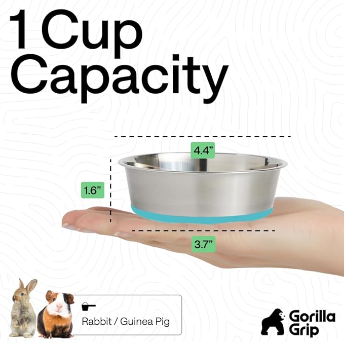 GORILLA GRIP Dog Bowls, Heavy Duty 304 Stainless Steel, Holds 1 Cup Each (8 fl oz) Food and Water Bowl for Feeding Dogs and Cats, Dishwasher Safe Rust Resistant BPA Free Rubber Base Set of 2 Turquoise