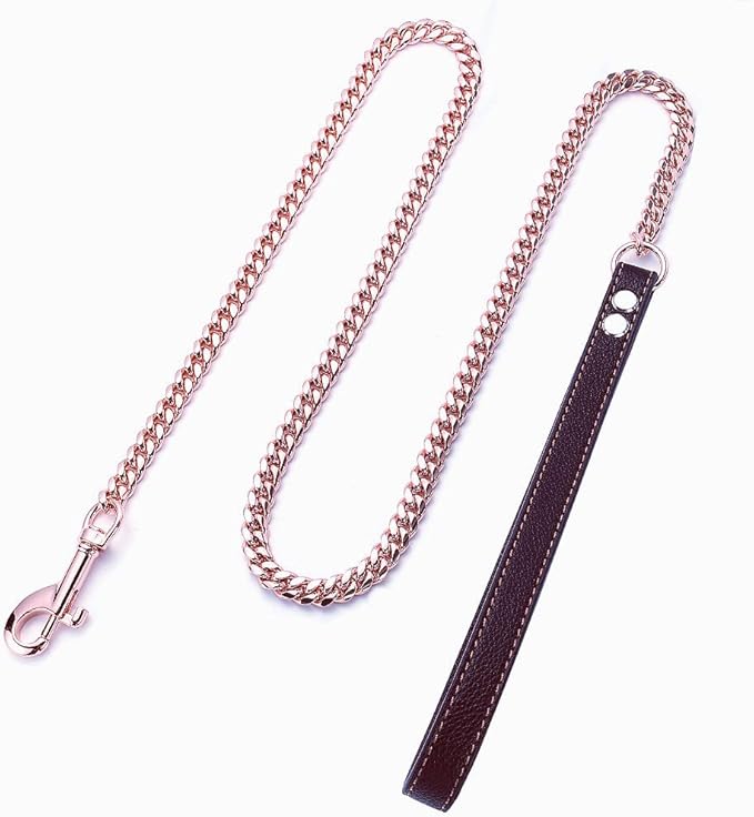 Rose Gold Dog Chain Leash 10MM 14MM Curb Cuban Link Chain Dog Leash Strong Chew Proof Stainless Steel Leash 3FT/4FT/5FT for Small Medium Large Dogs(10mm,3ft)…