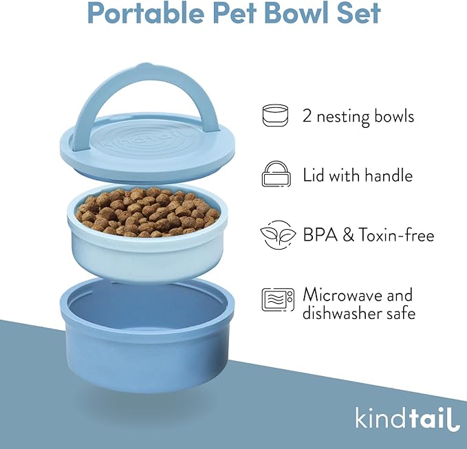 KindTail Pet Bowl Set + Silicone Pet Food Mat - Includes 2 Portable Dog Bowls with Lid & Handle + 1 Waterproof Pet Feeding Mat - Made from Food-Grade, Dishwasher-Safe Materials - BPA & Toxin-Free