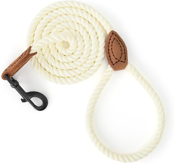 Mile High Life Dog Leash, Braided Cotton Rope Leashes with Leather Tailor Tip with Leather Tip - Heavy Duty Metal Clasp, 6FT, 1/2" Thick - Wedding, Walking Leash for Medium Large Dogs(Cream White)