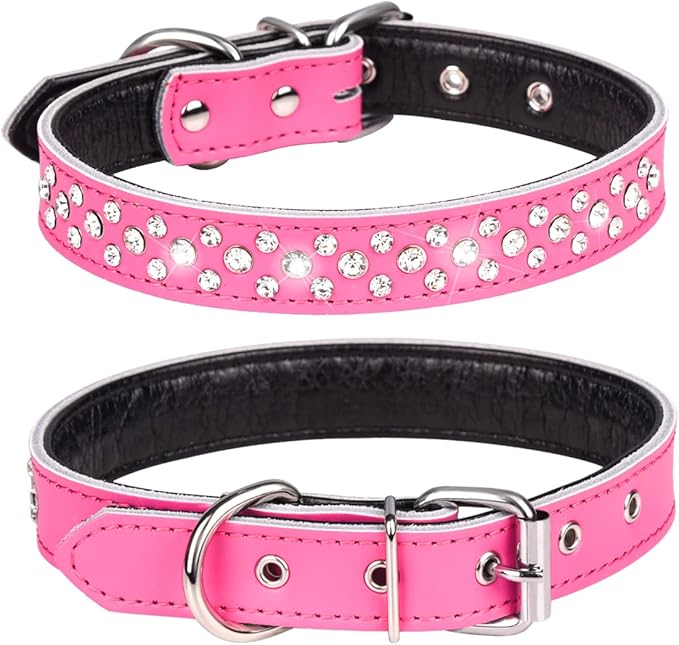 Rhinestones Dog Collar, Adjustable Sparkly Crystal Studded Genuine Leather Pet Dog Collar for Small and Medium Breeds (S fit Neck 11-13", Hot Pink)