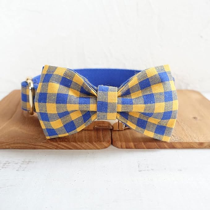 PETDURO Personalized Checkered Plaid Dog Collar Blue Yellow - Engraved Name and Phone Number on Gold Metal Buckle - Custom for Small Medium Large Boy Girl Dogs - Add Leash Bow Tie via Customize Now