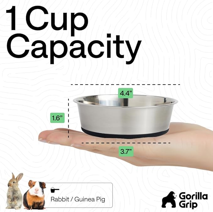 GORILLA GRIP Dog Bowls, Heavy Duty 304 Stainless Steel, Holds 1 Cup Each (8 fl oz) Food and Water Bowl for Feeding Dogs and Cats, Dishwasher Safe, Rust Resistant, BPA Free Rubber Base Set of 2 Black