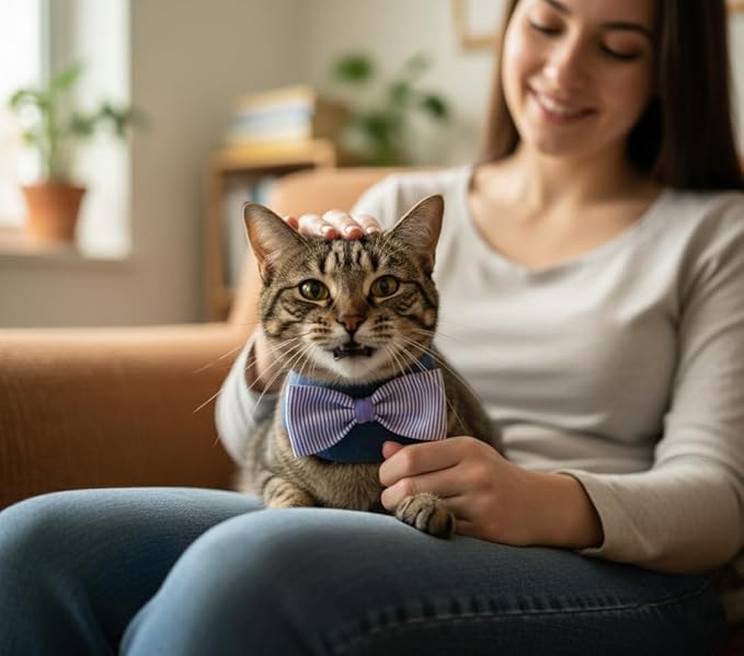 Denim Dog Bandana – Striped Bowtie, Soft & Durable Pet Scarf with Adjustable Metal Snap Buttons for Dogs & Cats (Purple, Small)