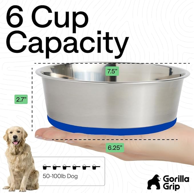 GORILLA GRIP Set of 2 Dog Bowls, Holds 6 Cups (48 fl oz), Heavy Duty Metal Food and Water Bowl for Feeding Dogs and Cats, Dishwasher Safe, Rust Resistant Stainless Steel, BPA Free Rubber Base, Blue