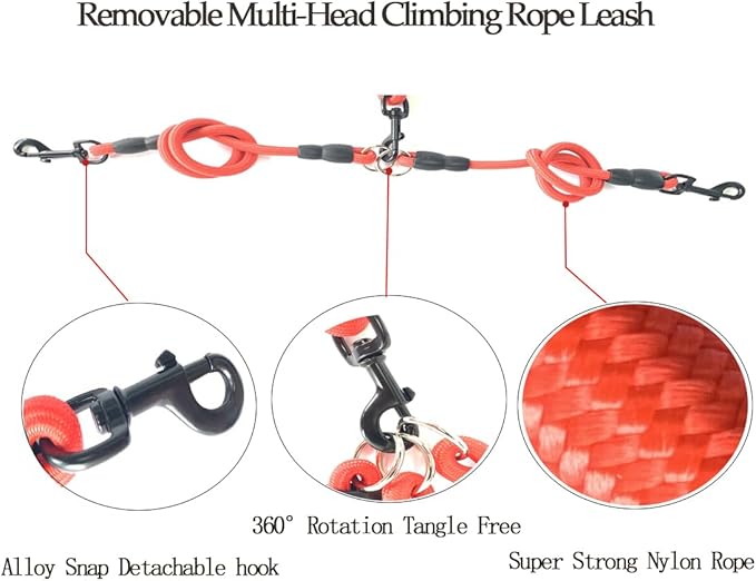 3 in 1 Durable Nylon Dog Leash with Padded Handle, 360° Swivel Multiple Dog Leash No Tangle, Lead for Medium Large Dogs, Walking & Training Double Dogs Leash Red
