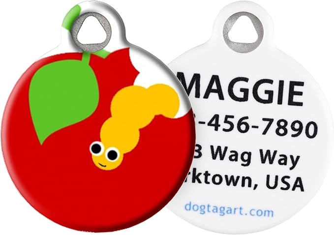 Dog Tag Art Food-Themed Custom Pet ID Tags for Dogs and Cats, Personalized Dog Tags with Customized Identification Informatio - Wormy Apple - Small