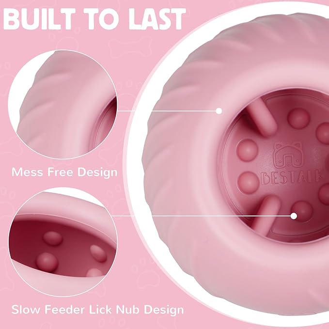 Long-Lasting Dog Lick Toy, Wobbly Dog Enrichment Lick Bowl to Keep Dogs Busy, Interactive Stuffable Dog Treat Feeder for Boredom, Silicone Treat Dispensing Chew Toy(Pink,M)