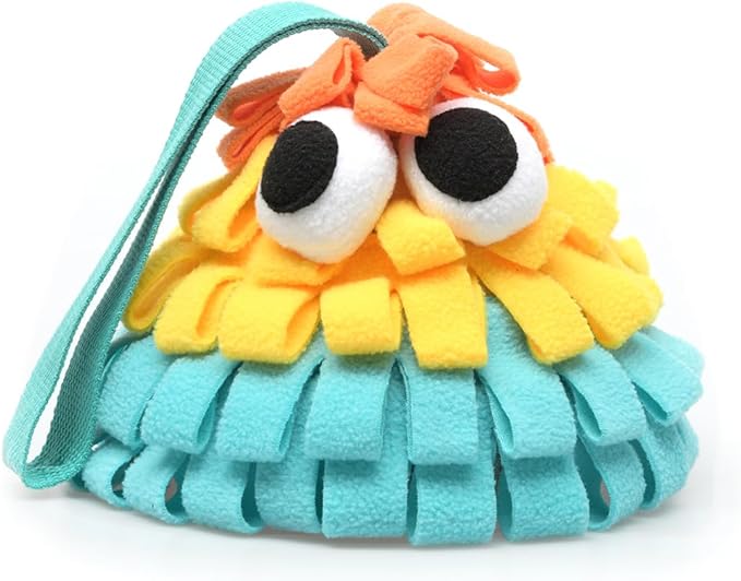 Squeaky Dog Snuffle Toy, Interactive Hide and Seek Food Puzzle for Boredom Relief, Slow Eating & Mental Enrichment, Monster Snuffle Ball for Small Dogs(Orange-Yellow-Blue)