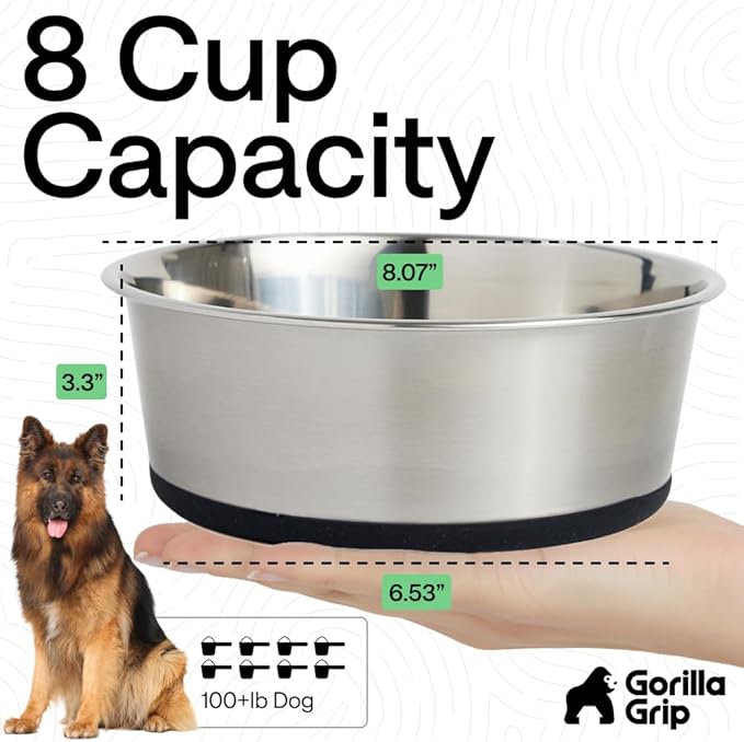 GORILLA GRIP Set of 2 Dog Bowls, Holds 8 Cups (64 fl oz), Heavy Duty Metal Food and Water Bowl for Feeding Dogs and Cats, Dishwasher Safe, Rust Resistant Stainless Steel, BPA Free Rubber Base, Black