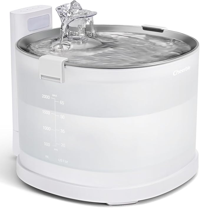 Cheerble Pumpless Cat Water Elfin Fountain, Wireless Pet Fountain Battery Operated, 2L/67oz E1+ Automatic Water Dispenser Cats & Dogs MagDrive™ Technology Stainless Steel Tray, No Cleaning Hassle